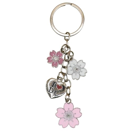 4.75" Blossom Washington DC Cherry Metal Charm Keychain, Silver/Gold, Metal, Cherry Theme, Bag Hanger Ring (Silver Tone)