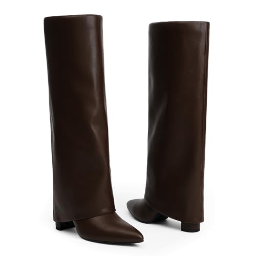 Image of Knee High Boots Women Fold Over Boots Chunky Heel Pointed Toe Tall Boots | Fashion Slouchy Boots,Side Zipper Shark Boots,Fall Spring Winter Fashion Dress Tall Boots,Evening Bridal office Long Boots