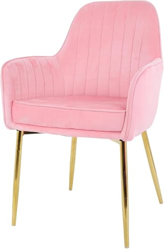 Image of Plush Dining Chair | Accent Chair for Living Room Bedroom Restuarant | Velvet Fabric & Thick Cushion Seat with Sturdy Glossy Metal Legs (Golden Legs, Baby Pink)