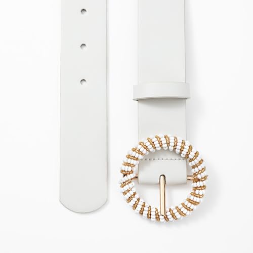 Women's White Belt Pearl Embellished Round Buckle White Leather Ladies Waist Fashion Belt for Dress Skirts3