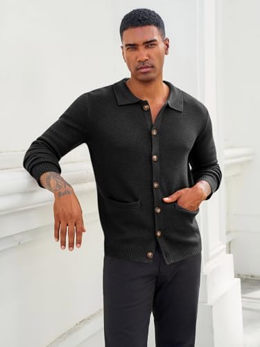 Runcati Mens Cardigan Sweater Casual Knitted Button Down Collared Cardigan Fall Winter Warm Polo Sweaters with Pockets2