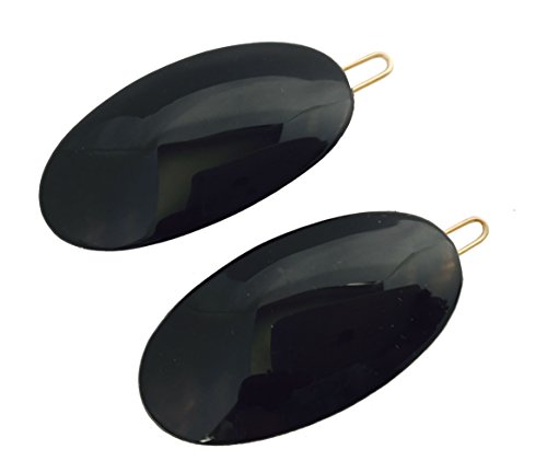 Parcelona French Oval Black Small Celluloid Acetate with Snap on Hair Pin Barrette Clip for Girls 2 Pcs