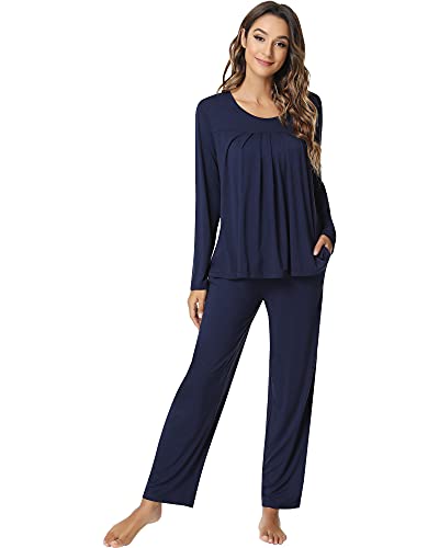 Nachila Women's Bamboo Pajamas Long Sleeve Sleepwear Set Soft Pj Loungewear Pants Set Navy Blue Xx-Large #TOP29