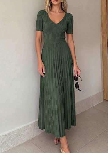 Image of PRETTYGARDEN Women's 2026 Spring Midi Sweater Dresses Elegant Pleated Ribbed Knit Short Sleeve V Neck A Line Summer Outfits
