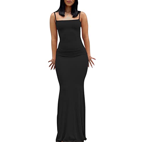 ABINGOO Vestido largo para mujer, tirantes delgados, sin mangas, color liso, vestido maxi, vestido de cola de pez, vestido de fiesta, Negro , XS