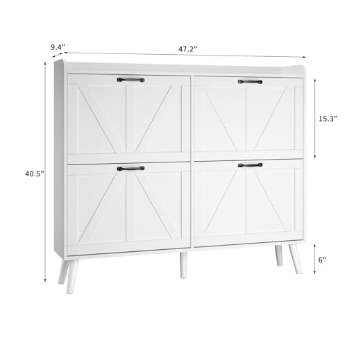 Shoe-Cabinet-with-4-Flip-Drawers-Entryway-Shoe-Storage-Cabinet-Slim-Freestanding-Farmhouse-Shoe-Organizer-Cabinet-for-Entryway-Narrow-Shoe-Cabinet-with-Wooden-Legs-White Shoe Cabinet with 4 Flip Drawers Entryway Shoe Storage Cabinet Slim Freestanding Farmhouse Shoe Organizer Cabinet for Entryway Narrow Shoe Cabinet with Wooden Legs White