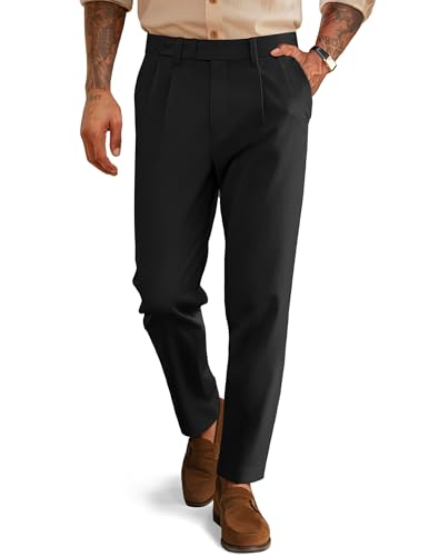 PJ PAUL JONES Black Trousers for Men Pleated Tapered Pants Extended Waist Comfort Vintage Casual Pants for Office 2XL