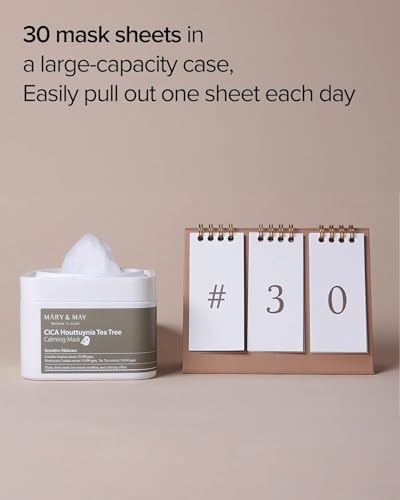 Image of Mary&May CICA Heartleaf Tea Tree Calming Mask, 30 Sheets Pull-Out | Korean daily soothing sheet mask, centella + heartleaf + tea tree 10,000ppm each for oily, sensitive, redness-prone skin