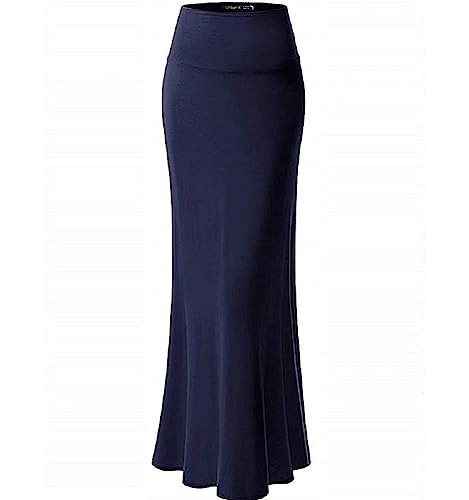 ShezPretty Women's Premium Fold Over High Waist Long Floor Length Maxi Skirt (Large, Navy)2
