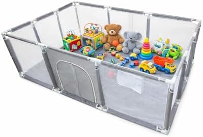 Cercadinho Bebê Grande 1,82x1,22m com Zíper e Tela Respirável – Chiqueirinho Infantil Dobrável com Base Reforçada 64cm Altura (Cinza)