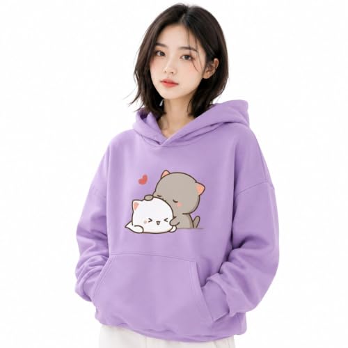 Image of Women Oversized Hooded Sweatshirt Purple Cat Printed Casual Pullover Hoodie