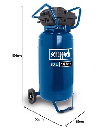 Scheppach WELTNEUHEIT 14 bar Druckluft Kompressor stehend HC85V - 80 L Kessel | ölfrei & wartungsarm | Ansaugleistung 330 l/min | 2x Manometer & 2x Kupplung | Fahrvorrichtung für einfachen Transport