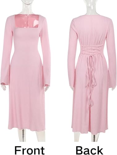 Image of Shasmi Women's Square Neck A-Line Dress - Long Sleeve, Tie Waist, Knitted Stretchable, Casual & Office Outfit, Solid Winter Midi Dress for Women (Dress 221)