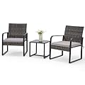 Bezseller 3 Piece Outdoor Patio Furniture Set, Patio Bistro Set Wicker Conversation Set, Modern Rattan Chair with Glass Coffee Table for Backyard, Porches, Poolside, Lawn and Balcony