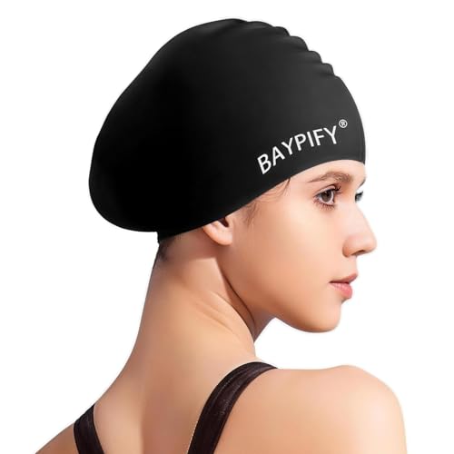 Baypify Silicone Swim Cap for Long Hair, Anti-Slip Waterproof (1, Black)
