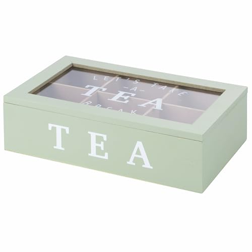 Caja para té e infusiones, 6 compartimentos interiores, color salvia, Sibila