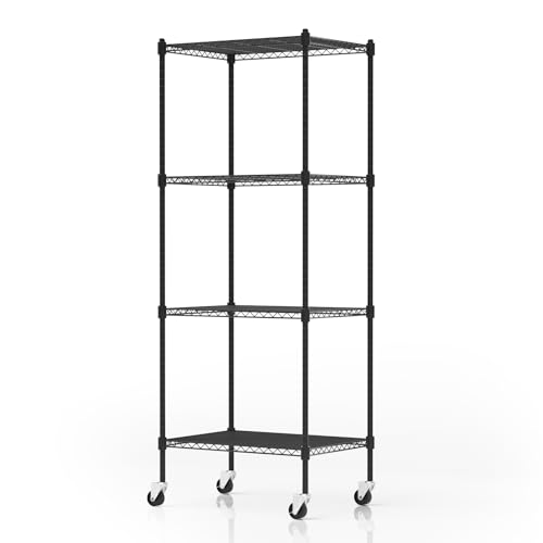 Image of 4 Tier Storage Shelves with Wheels, Heavy Duty Metal Garage Shelving Unit and Adjustable Feet, 865lb High Capacity Rolling Storage Shelf for Kitchen, Office, Dining Room (23.6 inchx 17.7 inchx 59 inch), Black