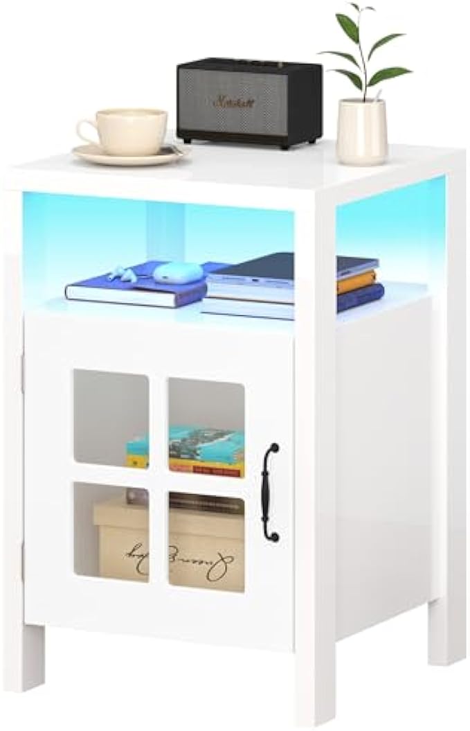 White Night Stand with LED Lights, Modern Bedroom Nightstand with Glass Door, LED Nightstand with Storage & Open Shelf, Wood Nightstand for Bedroom, Living Room