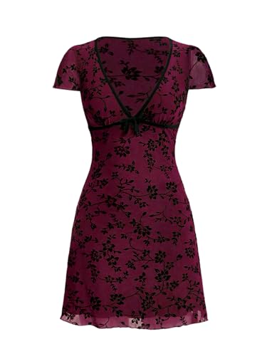 SHENHE Women's Y2k Floral Print Deep V Neck Short Sleeve Fit and Flare Vintage Mini Dress4