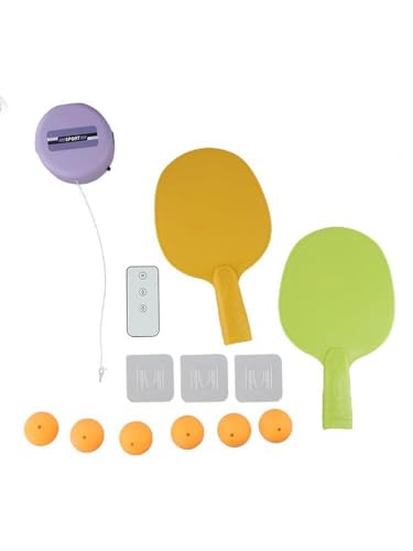 QOXEZY Dispositivo de entrenamiento automático de tenis de mesa para colgar en interiores, con mando a distancia, 5 pelotas, 2 raquetas y ganchos para practicar y mejorar los reflejos