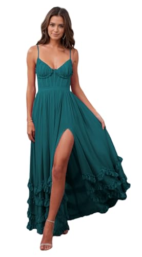 Floral Printed Chiffon Prom Dress with Silt Spaghetti Straps Ball Gown Ruffle Hem Long Formal Evening Party Dress