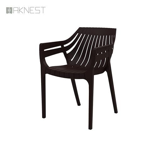 Image of OAKNEST Supreme Spectrum Plastic Arm Chair - Modern Slatted Stackable Chair for Living Room, Dining, Garden, Balcony, Restaurant & Cafe | Weatherproof Indoor Outdoor Designer Chair, Set of 4,G Brown