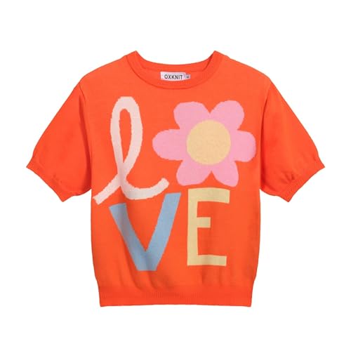 Women's Orange Knitted T-Shirt, Fashion Word Floral Crewneck Cotton Short Sleeve - Cropped Length