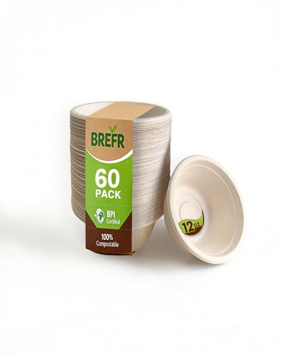 BREFR 60 Pack 12oz Compostable Bowls Heavy Duty Small Bowls Biodegradable Sugarcane Bowls for Snacks Dips Ice Cream Parties