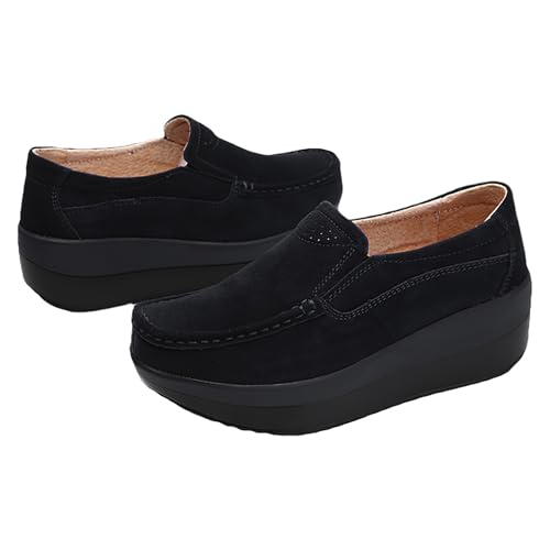 rismart Women's Walking Seankers Suede Leather Wedge Heel Slip on Trainers Shoes3