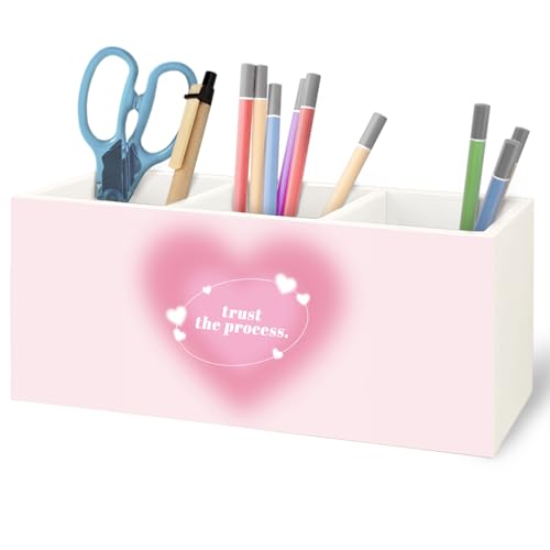 Image of Preppy Pink Heart Aura Inspirational Wooden Pen Pencil Holder for Office Desk Accessories, Trust the Process Spiritual Positive Makeup Brush Toothbrush Holder Organizer