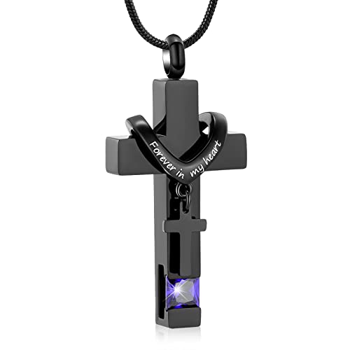 XSMZB Cremation Cross Urns Necklace Stainless Steel Double Cross Memorial Cremation Urn Pendant for Adult Ashes with Birthstone(Purple)