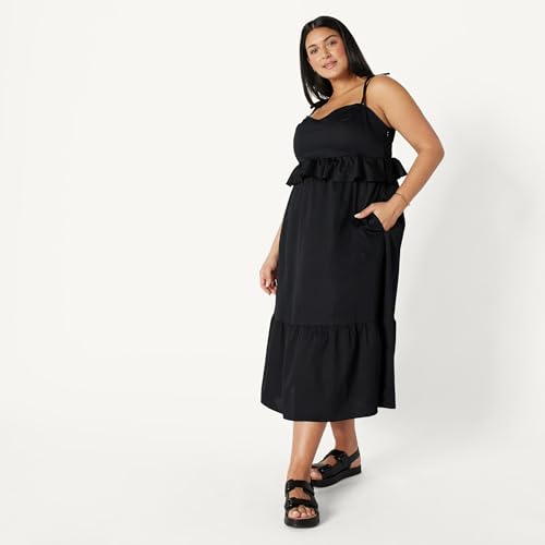 Image of Amazon Essentials Women's Fit and Flare Empire Waist Sweetheart Neck Cotton Sateen Tiered Maxi Dress