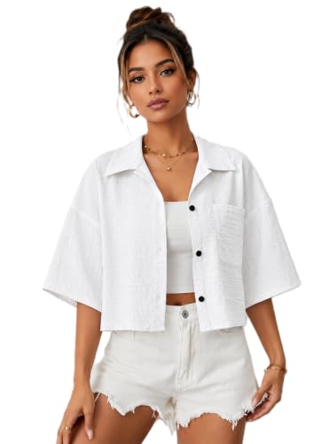 Image of Jacket for Women Stylish Cropped | Trendy Half Sleeve Button Down Casual Top | Loose Fit Shrug for Beach & Resort Outfits | Fashionable Lightweight Jacket (28 K-1-4)
