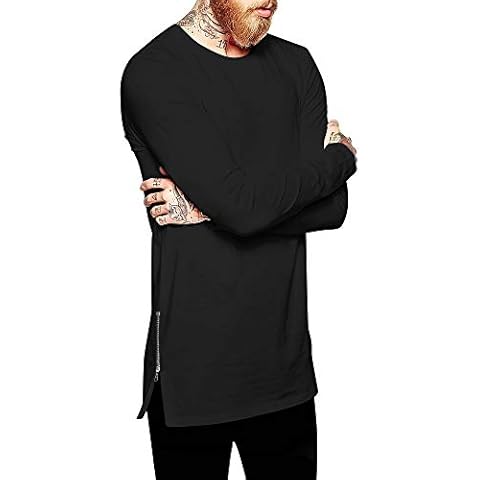 Ma Croix Mens Long Sleeve Hipster Shirt with Side Zipper Longline Extened Tee Hip Hop Streetwear (X-Large, 1bj01_Black) Cover