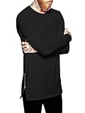 Ma Croix Mens Long Sleeve Hipster Shirt with Side Zipper Longline Extened Tee Hip Hop Streetwear (Medium, 1bj01_Black)