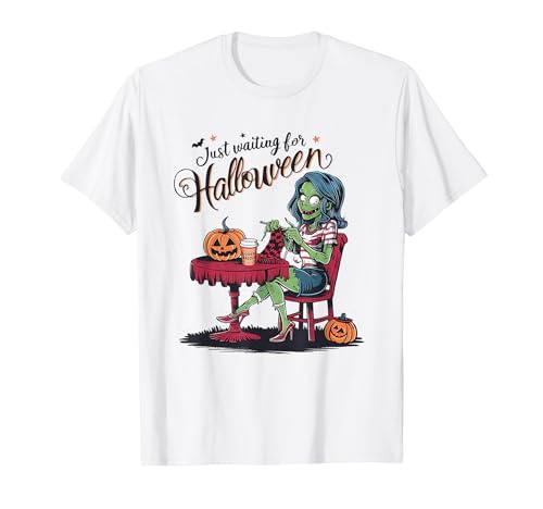 Just Waiting for Halloween funny skeleton Maglietta