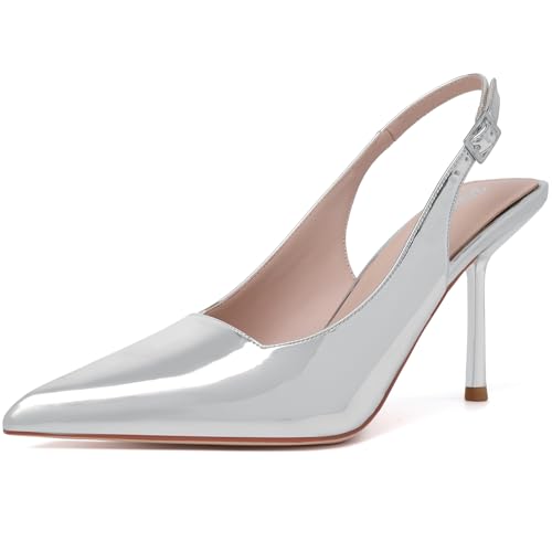 RIBONGZ Closed Toe Pointy High Heels Silver Wedding Bride Pumps for Women Sexy Slingback Heels Prom Party Evening Dressy Shoes