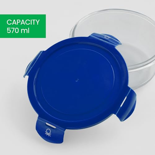 Image of United Colors of Benetton 570ML Borosilicate Glass Food Storage Container with Airtight Blue Lid - Leakproof, Microwave, Oven, Freezer & Dishwasher Safe - Durable & Reusable Lunch /Dinner Box