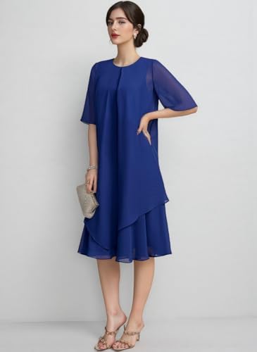 Tea Length Mother of The Bride Dresses for Wedding Chiffon Round Neck Formal Women's Evening Dress MD0063