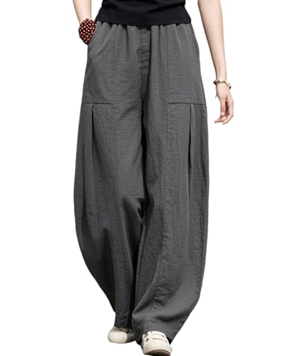 IXIMO Women's Linen Wide Leg Pants Casual Elastic Waist Loose Lantern Trousers Front Pockets
