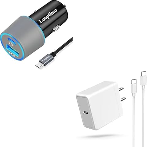 Looptimo 30W Power Delivery & Quick Charge 3.0 Car Adapter with 6.6FT Type C Cable + 25W USB C Rapidly Charging PD High Speed Power Adapter Fast Wall Charger Block with 6.6FT Type-C Cable Cover