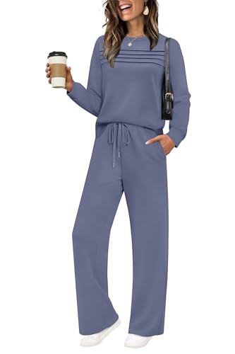 WIHOLL Womens Two Piece Outfits Fall Long Sleeve Travel Lounge Set Loungewear Sets Wide Leg Tracksuit Winter Sweatsuit Loose Fit Blue XL