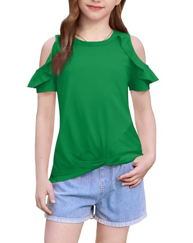 Image of BesserBay Girls Cold Shoulder Tops Twist Front Tunic Ruffle Sleeve Summer Blouses 5-14 Years