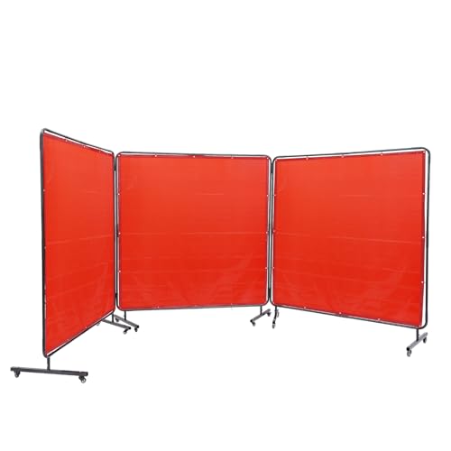 HappyBuy Welding Screen with Frame - 6' x 6', 3 Panel, Flame-Resistant Vinyl, 12 Swivel Wheels (6 Lockable), for Workshop, Red