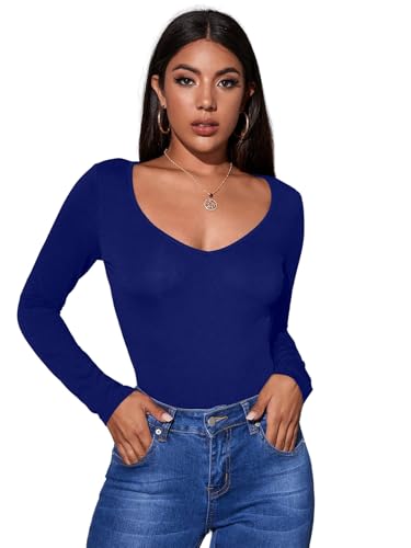 Image of Aahwan Women Cotton Blend Solid V-Neck Full Sleeves Fitted Tee Top