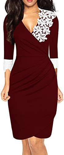 Drimmaks Women's V Neck Faux Wrap 3/4 Sleeve White Ruched Lace Patchwork Bodycon Cocktail Party Dress