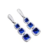 Aros colgantes largos de circonitas cúbicas corte cuadrado en azul y verde, joyería moda for damas(Silver Blue)