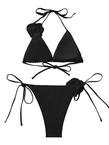 Women's Floral Appliques Cute Bathing Suit High Waisted Triangle Tie Side Swimsuit Bikini Set2