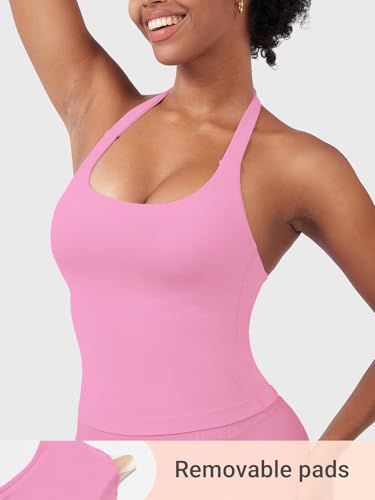 Image of YEOREO SoftHue Women's Impact Halter Tank Top Longline Backless Scoop Neck Built-in Bra Sports Workout Gym Crop Top