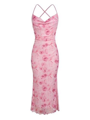 Image of SOLY HUX Women's Floral Mesh Bodycon Cami Dress Cowl Neck Sleeveless Cocktail Party Wedding Guest Long Maxi Dresses